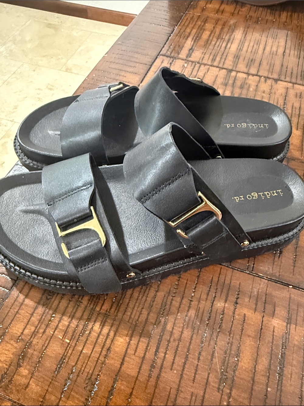 Indigo Black Platform Slide Sandals with Gold Buckles